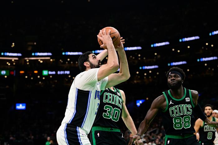 Dec 15, 2023; Boston, Massachusetts, USA; Orlando Magic center Goga Bitadze (35) shoots against the Boston Celtics during the first half at TD Garden.